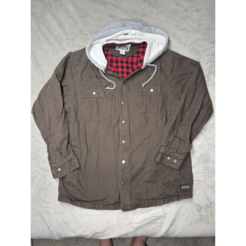 Duluth Trading Fire Hose Lumberjack Hooded Jacket Mens L Brown Flannel Lined